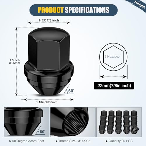 Nilight 20PCS M14x1.5 Lug Nuts Compatible with 2012-2018 Ram 1500 - color: Black, size: 20PCS Ram 1500 2012-2018 Wrangler/Gladiator 19-22