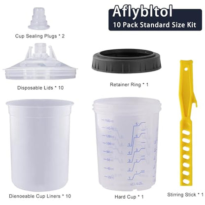 Disposable Paint Sprayer Mixing Cup for Automotive Paint Gun, HVLP Paint Spray Paint Gun 6 Ounce (160ml) Kit with 10 Cups and Lids System, 1 Hard Cup with Retainer Ring and 2 Plugs - size: 6 Ounce Kit