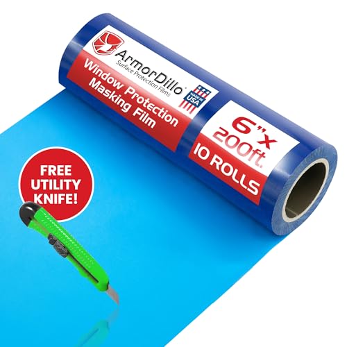 ArmorDillo Blue Window Protection Film 6" x 200' | 14.68 per roll (10 Rolls- 1 case), Surface Protection | Temporary Self-Adhesive Glass Covering, Window Masking, 45-Day UV Resistant Construction Wrap - size: 6" x 200' (10 Rolls)