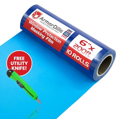 ArmorDillo Blue Window Protection Film 6" x 200' | 14.68 per roll (10 Rolls- 1 case), Surface Protection | Temporary Self-Adhesive Glass Covering, Window Masking, 45-Day UV Resistant Construction Wrap - size: 6" x 200' (10 Rolls)