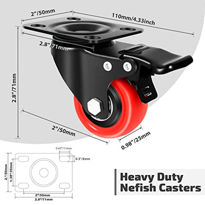 Nefish 2 Inch Casters Set of 4, Heavy Duty Top Plate Caster Wheels with Brake 600 Lbs, Dual Locking Furniture Castors, 360 Degree Swivel Casters, No Noise Polyurethane Wheels for Cabinet, Furniture - size: 2 IN