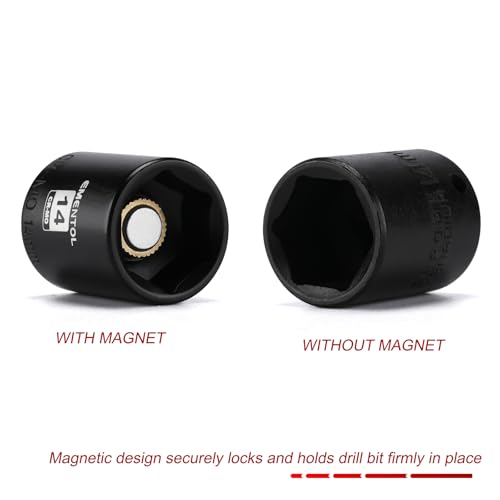 EMENTOL 1/4 Inch Drive Magnetic Impact Socket Set, 19-Piece Metric, 4-15mm, 6 Point, Shallow, Cr-Mo,Magnetic Sockets with Universal Joint & Extension Bar