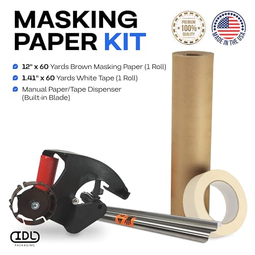 IDL Packaging Masking Kit -12" x 60 Yards Brown Masking Paper (1 Roll) & 1.41" x 60 Yards White Tape (1 Roll) & Masking Paper/Tape Dispenser (Built-in Blade) - size: Pack of 1, style: Masking Kit 12" White