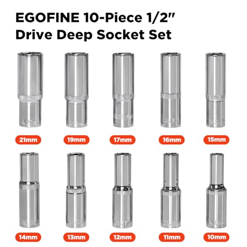 Egofine 10PCS 1/2” Drive Deep Socket Set,Metric Socket Set（10mm-21mm,6 Point Socket Set With Hanging Bracket,Cr-V Steel - color: 10pc Deep Socket Set, size: 1/2