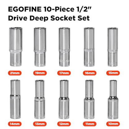 Egofine 10PCS 1/2” Drive Deep Socket Set,Metric Socket Set（10mm-21mm,6 Point Socket Set With Hanging Bracket,Cr-V Steel - color: 10pc Deep Socket Set, size: 1/2