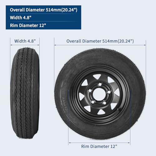 GarveeTech 2-Pack Trailer Tire On Rim 4.80-12 480-12 4.80x12 Trailer Tires and 5 Lug on 4.5 in PCD 12 in Wheels 6PR Black - size: 4.80-12