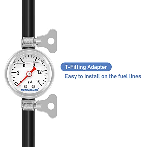 MEASUREMAN Fuel Pressure Gauge Kit 0-15Psi Stainless Steel Glycerin Filled, 1-1/2" Dial Size, with 5/16" Fuel Line Fuel Pressure Brass T-Fitting Adapter, Center Back Mount - size: 0-15 psi, style: Back Mount T-Fitting Adapter