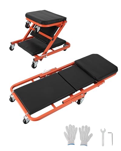 2-in-1 Z-Frame Mechanic Creeper Seat - Folding Heavy Duty Garage Roller, 6 Swivel Wheels, 330 lbs Capacity, Quick Convertible Under Car Crawler for Workshop Repair, Black + Orange