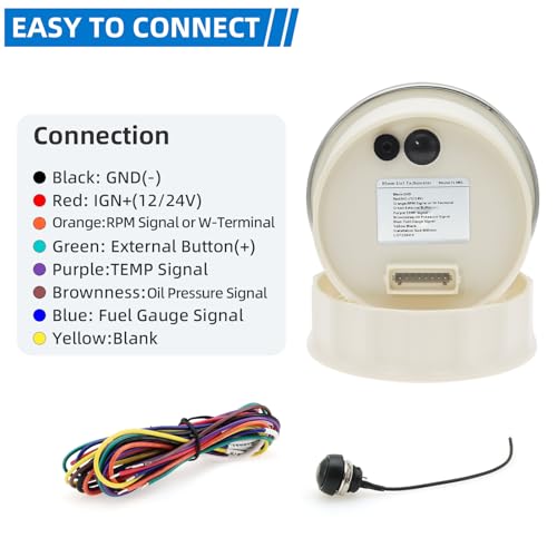 MH 6-in-1 Digital Gauge- Tachometer (0-19999 RPM), Hour Meter, Water Temp (℉/℃), Fuel Level, Oil Press (PSI/BAR), Voltage (0-99.9V) - 85mm AUTO Boat Gauge for Car Truck