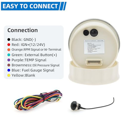 MH 6-in-1 Digital Gauge- Tachometer (0-19999 RPM), Hour Meter, Water Temp (℉/℃), Fuel Level, Oil Press (PSI/BAR), Voltage (0-99.9V) - 85mm AUTO Boat Gauge for Car Truck