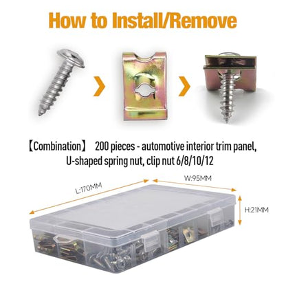 Automotive Screws and Clips, 100PCS Car U‑Clips Nuts 6/8/10/12 Assortment Interior Trim Fasteners with Stainless Steel Screws for Dash Door Panel Interior
