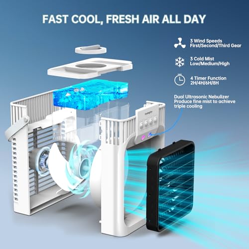 Portable Air Conditioners, 4 in 1 Cooling Fan with 3 Speeds & 3 Mist Modes,1200ml Water Tank, 2-8H Timer, Remote Control, 7 Color Night Light, Quiet Small Air Cooler for Bedrooms Office Car