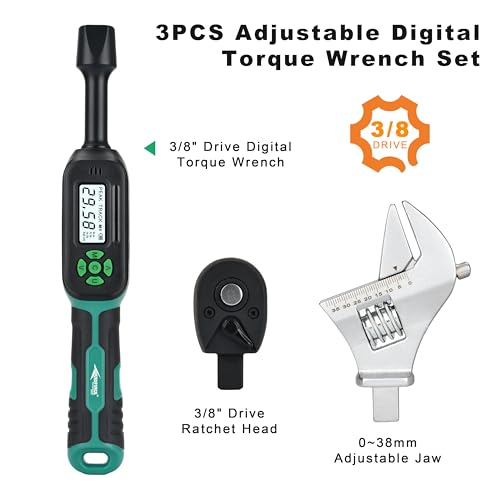 AEROFORCE 3/8" Drive Adjustable Digital Torque Wrench, 6.8-135Nm Electric Torque Wrench with 38MM Open End, Interchangeable Jaw & Ratchet Head, for HVAC, Automotive, Motorcycle and Narrow Pipeline - style: 3PCS 3/8’’ 5.02-99.57 lb.ft