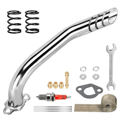 Header Exhaust Pipe Kit Compatible with Predator 212cc 224cc 196cc 6.5HP GX160 GX200 Engine Coleman Mini Bike CT200U BT200X CT200U-EX KT196 Go Kart Baja MB200 with Main Jets Parts (Silver) - color: Silver