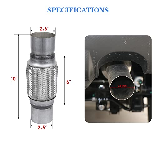 Exhaust Flex Pipe 2.5" Inlet 10" Length Heavy Duty Stainless 2 Pack - size: 2.5"x6"x10"-2 Pack