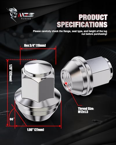MZS M12x1.5 Lug Nuts for Bronco Escape Focus Ranger Fusion MKZ Chrome 20PC - size: M12X1.5-1.25" (32mm) Long