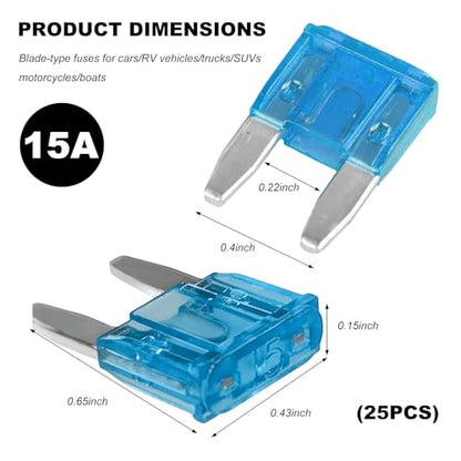 25 PCS 15 Amp Mini Car Fuses, 15A Automotive Blade Fuse Replacement, Auto Fuse Kit for Car RV Truck Motorcycle SUV Boat - color: 15A