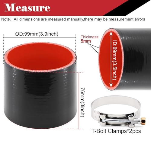 Silicone Straight Hose 3 1/2 inch(89mm) Coupler, Rubber 4-ply Reinforced 3 inch Length Pipe 3.5×3 Air Intake Exhaust Hose Turbo Intercooler Coolant Radiator Tubing with Stainless Steel T-Bolt Clamps - size: 3.5 Inch