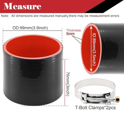 Silicone Straight Hose 3 1/2 inch(89mm) Coupler, Rubber 4-ply Reinforced 3 inch Length Pipe 3.5×3 Air Intake Exhaust Hose Turbo Intercooler Coolant Radiator Tubing with Stainless Steel T-Bolt Clamps - size: 3.5 Inch