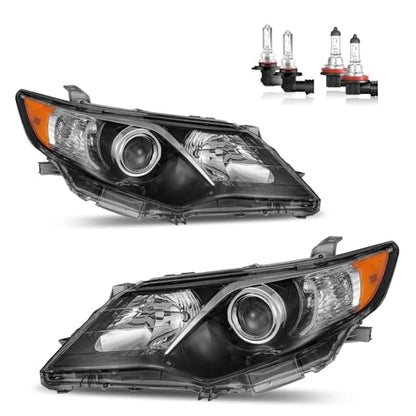 Headlights for 2012 2013 2014 Toyota Camry L/Se/Le/Xle/Hybrid - color: Clear Lens I Black Housing I Amber Reflector