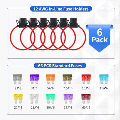 YNZDRWA 6 Pack 12AWG Waterproof Inline Fuse Holder 12V with 66PCS Car Fuses