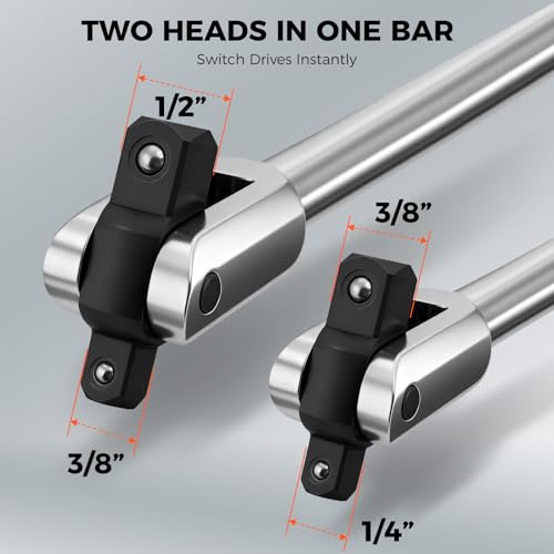 HORUSDY 10-Piece Dual-Drive Breaker Bar Set, Heavy-Duty Torque Kit with 360° Rotatable Head, Premium Cr-V Steel, Spring-loaded Detent Ball, Extension Bars & Socket Adapters, Durable Storage Case - color: Dual-drive Breaker Bar Set Silver