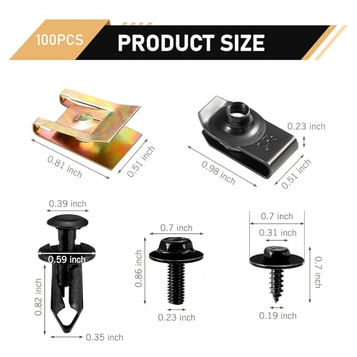 100 PCS Car Body Bolts and Nuts, Anti-Rust U-Clip and Self-Tapping Screw and Snap Nut, 5 Types Fasteners Assortment Kit, Universal for Engine Under Cover Fender Bumper Splash Guard (Black)