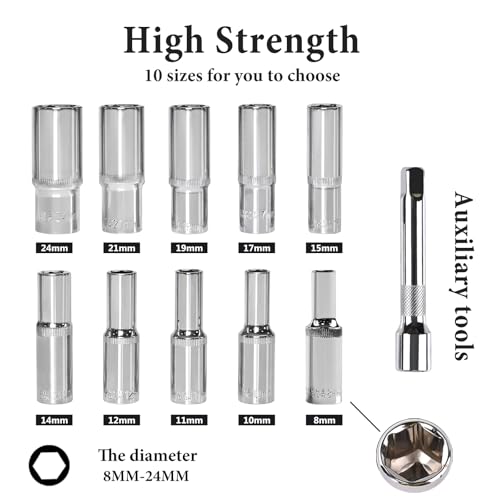 Egofine 12PCS 1/2" Drive Deep Socket Set,Metric(8-24MM),6-Point, Cr-V Steel - color: 12pc Deep Socket Set, size: 1/2