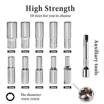 Egofine 12PCS 1/2" Drive Deep Socket Set,Metric(8-24MM),6-Point, Cr-V Steel - color: 12pc Deep Socket Set, size: 1/2