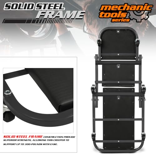 M-AUTO 40-Inch Folding Creeper Rolling Seat, All-in-One Adjustable Roller Garage Chair, Lay Down or Sit, 330LBS Capacity Under Car Roller Creeper with 6 Swivel Casters, Black - color: Black, size: 40"