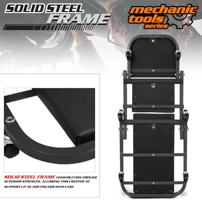 M-AUTO 40-Inch Folding Creeper Rolling Seat, All-in-One Adjustable Roller Garage Chair, Lay Down or Sit, 330LBS Capacity Under Car Roller Creeper with 6 Swivel Casters, Black - color: Black, size: 40"