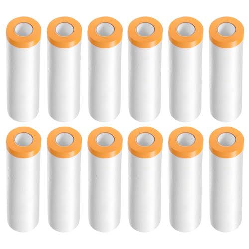 HARFINGTON 12 Rolls Pre-Taped Masking Film 118.1" x65.6ft Tape and Drape Painters Plastic Drop Cloth Film with Tape Plastic Sheeting for Automotive Painting Covering - color: Yellow, size: 118.1"x65.6ft