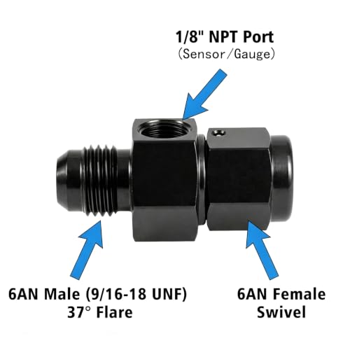 6AN Male Flare to -6 Female Swivel Fuel Pressure Take Off Fitting with 1/8" NPT Gauge Port, CNC Machined Anodized Black, for E85 Gasoline Methanol Racing Fuel Systems - size: AN6 with 1/8 NPT Port
