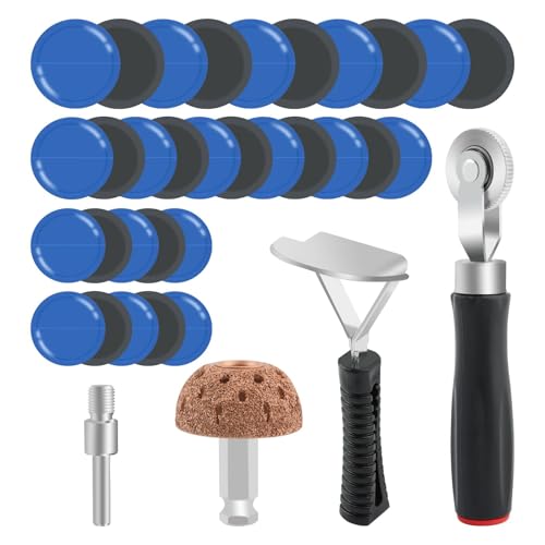33Pcs Tire Repair Patch Tools Tire Patch Kit, Tires Patchs Roller Kit, Tires Repair Tool for Car Grinding, Repairs Buffing Wheel/Inner Liner Scraper/30PCS Tire Patches(32/45/ 55mm)