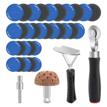 33Pcs Tire Repair Patch Tools Tire Patch Kit, Tires Patchs Roller Kit, Tires Repair Tool for Car Grinding, Repairs Buffing Wheel/Inner Liner Scraper/30PCS Tire Patches(32/45/ 55mm)