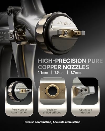 Tilswall Pinto GT HVLP Spray Gun Kit, Truth HVLP Plus Atomisation Paint Gun with 32cm+ Spray Width, All-Stainless Steel Flow Channel, 1.3/1.5/1.7mm Nozzles, Ideal for Automotive and Premium Coating