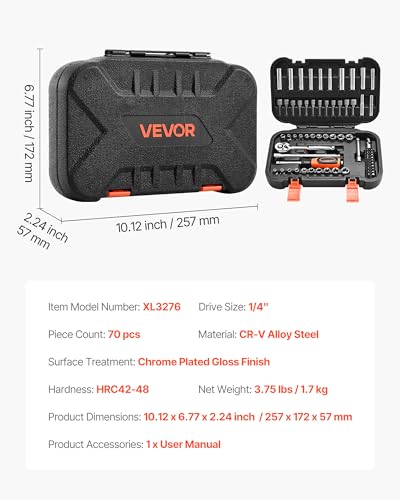 VEVOR Socket Set, 70 Pieces, 1/4 inch Drive Socket and Ratchet Set, SAE and Metric, Deep and Shallow, Mechanic Tool Kit with Bits, Accessories and Storage Case, CR-V Alloy Steel, for Automotive Repair - size: 70-PCS