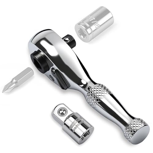 HORUSDY 1/4-Inch Stubby Ratchet Wrench Set, Chrome Alloy 90-Tooth Reversible 1/4" Drive Handle with Magnetic Bit Driver & 1/4" to 3/8" Adapter, Compact Socket Wrench for Tight Spaces, Auto, DIY - color: 1/4" Drive 90t Stubby Silver