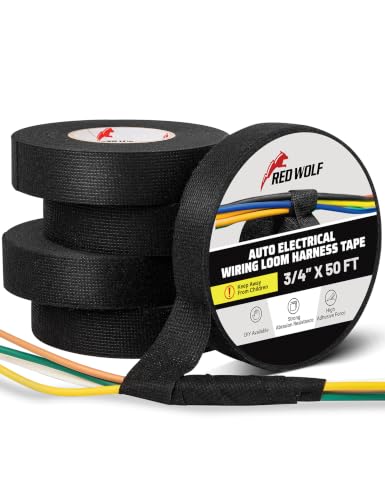 RED WOLF Wiring Harness Tape High Temp Wire Cable Loom Self-Adhesive Fabric Tape for Electrical Automotive Engine Harness Wrap Protection Noise Damping Cables Fixed 3/4 Inch x 50 FT 5 Rolls