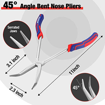 WORKPRO 3PC Long Reach Plier Set, 11'' Straight, 90° & 45° Bent Nose Pliers