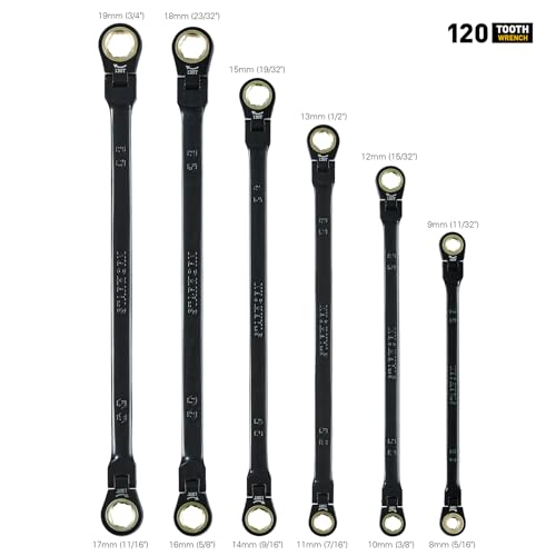 STARWORK TRUE MECHANIC™ 6-Piece 4-in-1 Extra Long Flex-Head Ratcheting Wrench Set with Rolling Pouch, Double Box End, 120-Tooth, SAE&Metric - size: 6-Piece 120-Tooth Extra Long Flex-Head