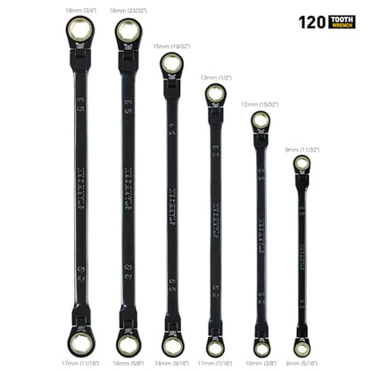 STARWORK TRUE MECHANIC™ 6-Piece 4-in-1 Extra Long Flex-Head Ratcheting Wrench Set with Rolling Pouch, Double Box End, 120-Tooth, SAE&Metric - size: 6-Piece 120-Tooth Extra Long Flex-Head