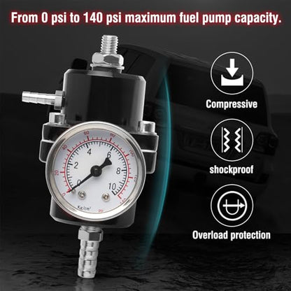 Adjustable Fuel Pressure Regulator With Gauge Hose 0-140 PSI Universal 6AN FPR Kit Aluminum Black - color: black