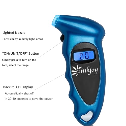 PINKJOY Digital Tire Pressure Gauge 150 PSI, 4 Settings, Tire Gauge for Car, Truck, Motorcycle, Bicycle with Backlit LCD and Non-Slip Grip (Blue) - color: Blue 1 Pack
