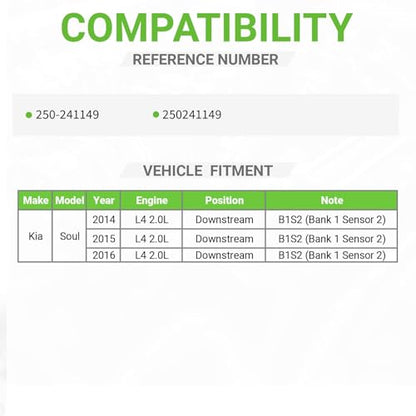 O2 Oxygen Sensor Compatible with Kia Soul 2014 2015 2016, 2.0L, Downstream B1S2, Replacement # 250-241149 250241149 - size: 250-241149
