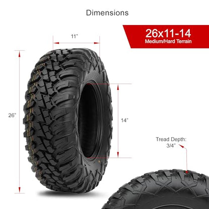 Tusk Terrabite Set of 4 UTV/ATV Tires – 26x9-14 Front & 26x11-14 Rear – 8-Ply Rated Radial Construction, ¾″ Deep Tread, Medium-Hard Terrain, High Load Capacity, Heavy Duty Sidewall Tread Armor - size: 26x9-14 / 26x11-14