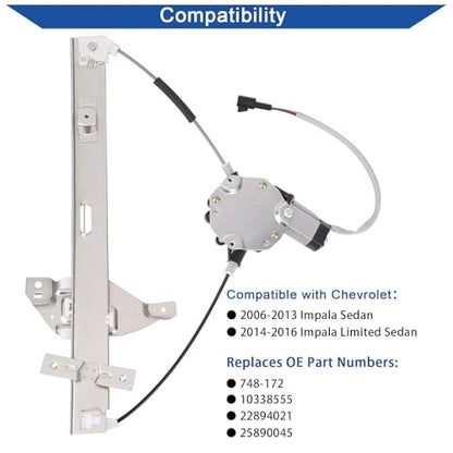 Obaee Front Left Driver Side Power Window Lift Regulator with Motor Assembly Compatible with Chevy Impala 2006-2013 & Chevrolet Impala Limited 2014-2015 Replace OE 748-172 - size: Front Left Driver Side