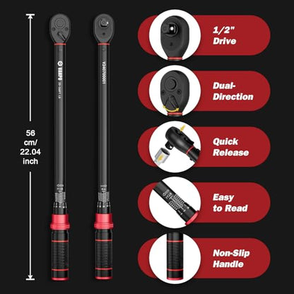 VANPO 1/2-Inch Drive Click Torque Wrench, 20-260 Ft-Lb for Car & Truck - size: 1/2-Inch (20-260 Ft-Lb / 27.1-352.3 Nm)