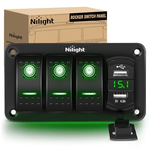 Nilight 3 Gang Rocker Switch Panel with 4.8 Amp Dual USB Charger Voltmeter Waterproof 12V 24V DC Night Glow Stickers for Cars Trucks Boats RVs - color: Green, size: 4 Gang Dual USB