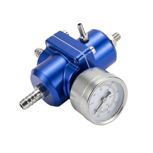 Universal Adjustable Fuel Pressure Regulator Kit 0-140 PSI Gauge Blue Aluminum FPR 11cm(4.33") Height for Gasoline Injection Performance (Blue) - color: Blue